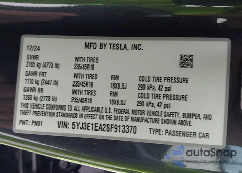 2025 Tesla Model 3 Long Range Rear-Wheel Drive z USA, uszkodzony, nr VIN 5YJ3E1EA2SF913370
